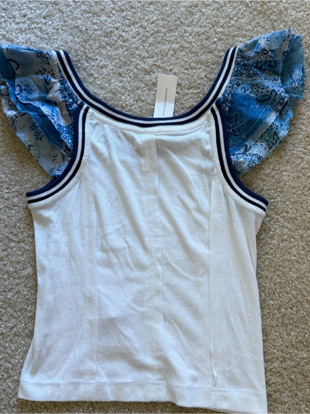 Anthropologie Pilcro White Ribbed Tank with Blue Floral Puff Sleeves Size S - Picture 7 of 10